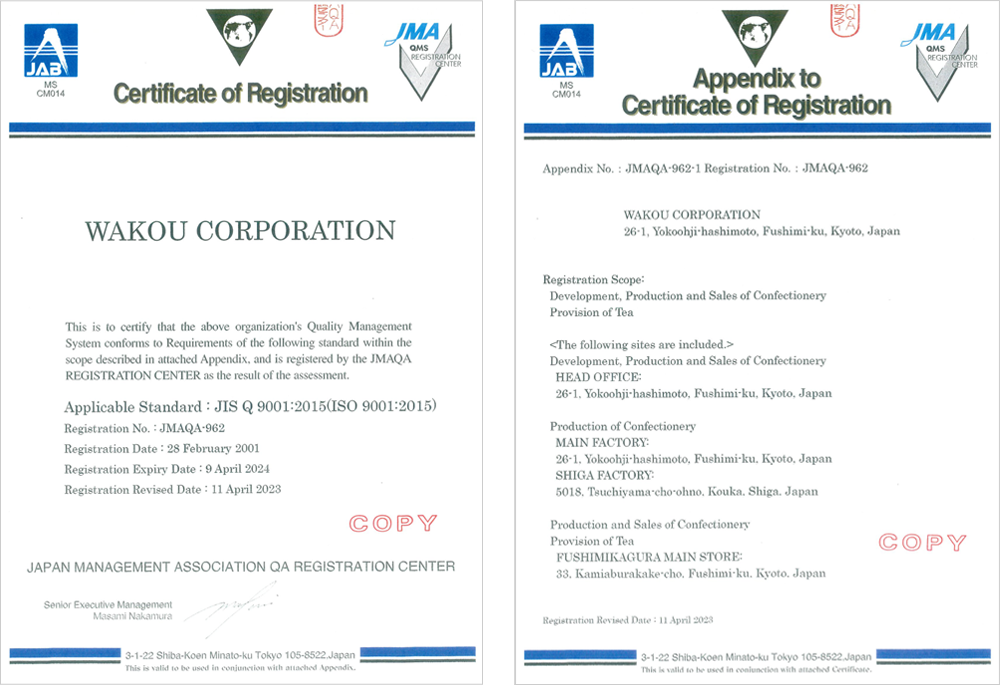 ISO9001 Inspection registration certificate and appendix